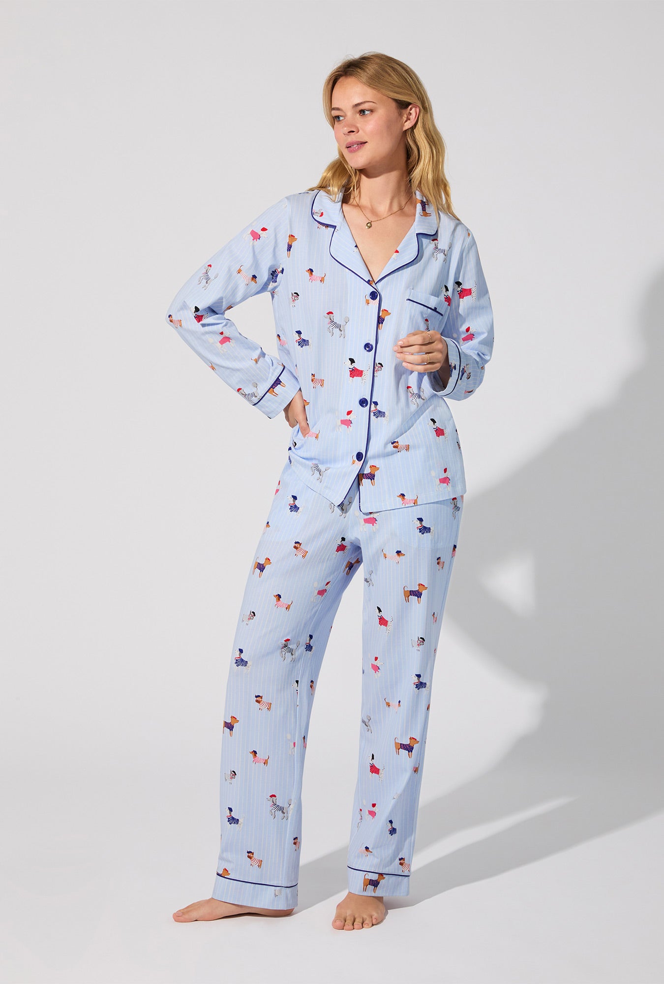 A lady wearing French Pups Long Sleeve Classic Stretch Jersey PJ Set