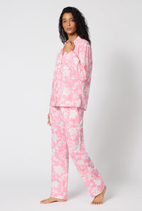 A Lady Wearing Dynasty Pink Long Sleeve Classic Woven Cotton Poplin Pj Set in a side angled pose