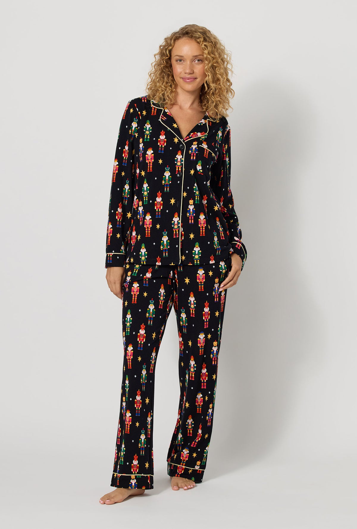 A lady wearing Twinkle & Drum Long Sleeve Classic Stretch Jersey Pj Set looking front