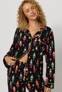 A lady wearing Twinkle & Drum Long Sleeve Classic Stretch Jersey Pj Set closer look