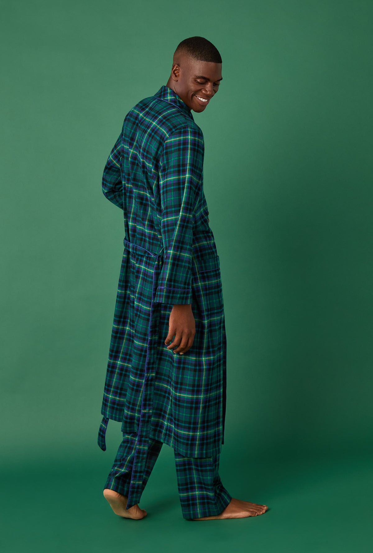 A man wearing Walden Plaid Unisex Classic Woven Portuguese Flannel Robe de Chambre