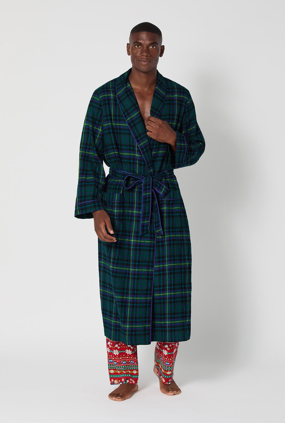 A man wearing Walden Plaid Unisex Classic Woven Portuguese Flannel Robe de Chambre