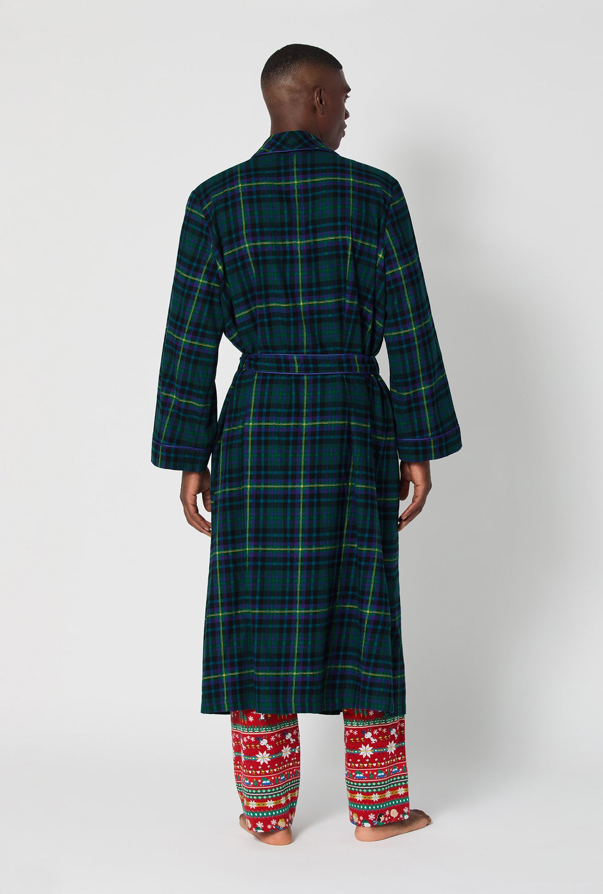 A man wearing Walden Plaid Unisex Classic Woven Portuguese Flannel Robe de Chambre