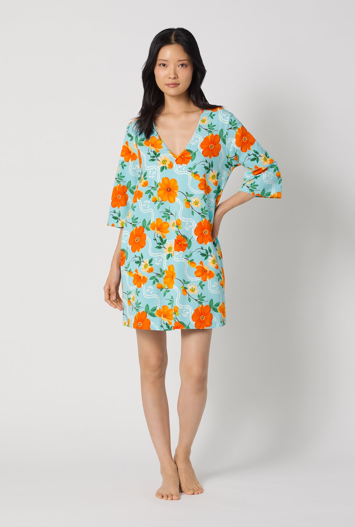 A lady wearing Golden Breeze Stretch Jersey Sleep Dress