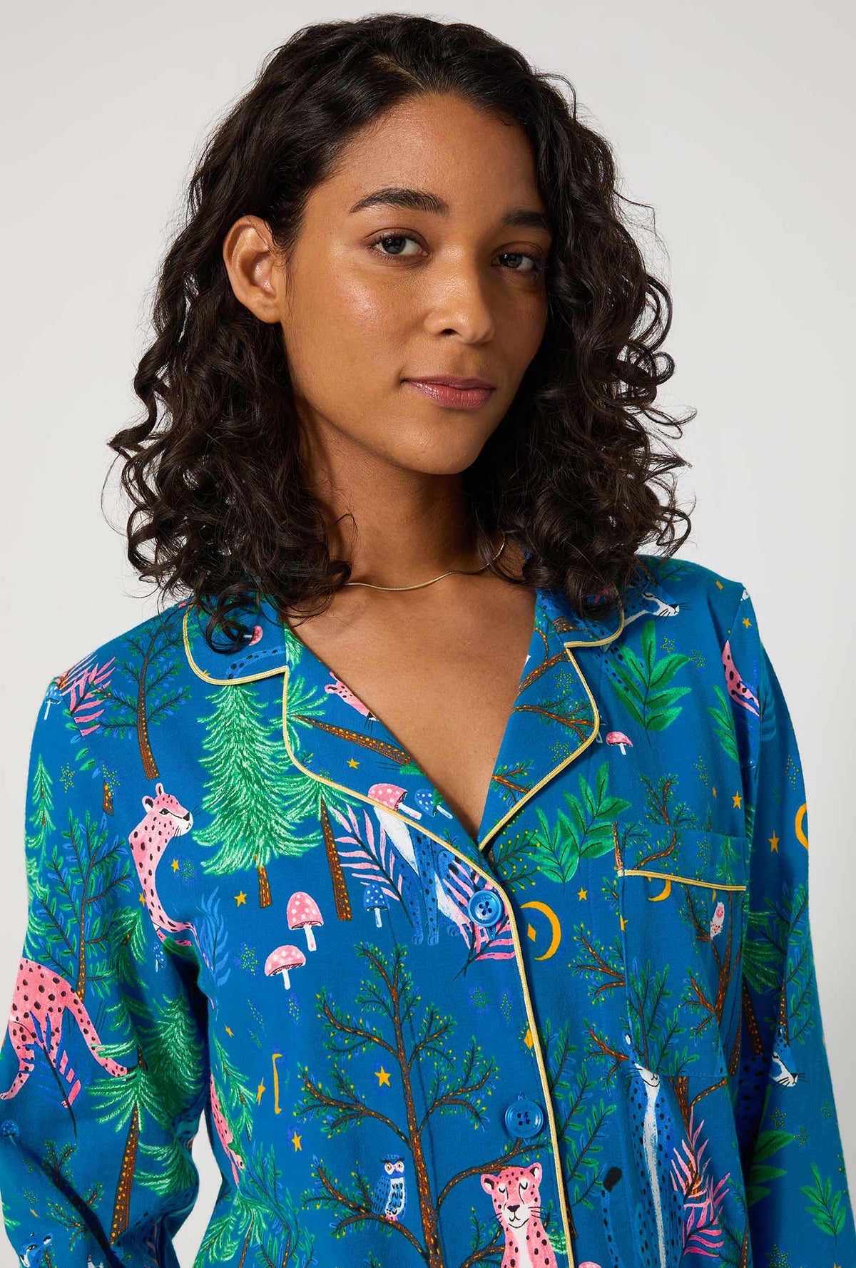 A lady wearing Midnight Forest 3/4 Sleeve Classic Stretch Jersey Cropped Pj Set