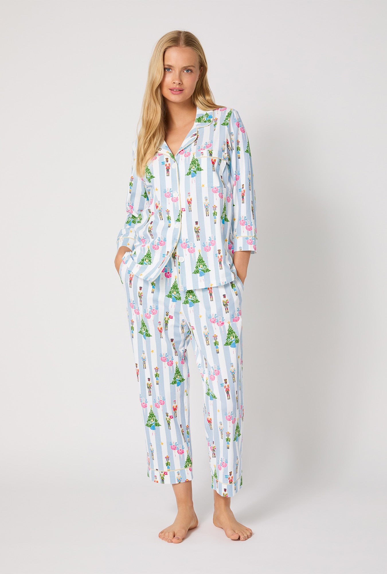 A lady wearing Sugarplum Stripe 3/4 Sleeve Classic Stretch Jersey Cropped Pj Set