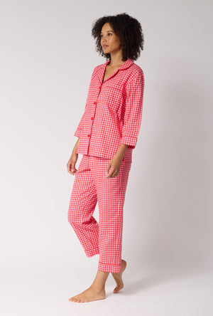 A lady wearing Jane Gingham 3/4 Sleeve Classic Woven Portuguese Flannel Cropped Pj Set walking