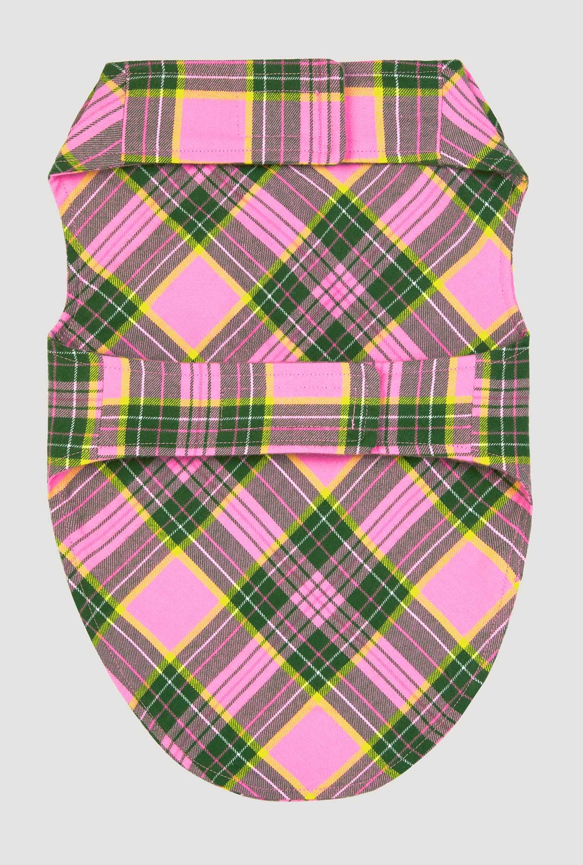 A BedHead x Trina Turk Palm Springs Tartan Woven Portuguese Flannel Dog Pajama with a back view