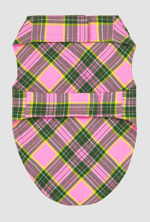 A BedHead x Trina Turk Palm Springs Tartan Woven Portuguese Flannel Dog Pajama with a back view