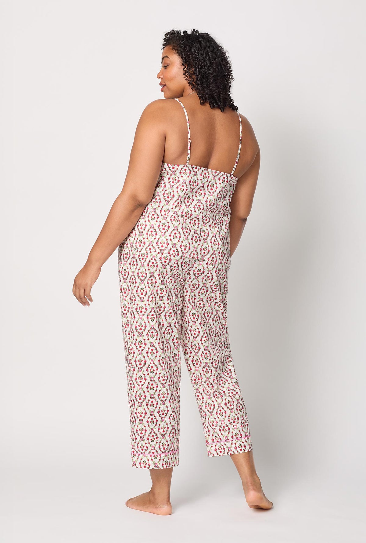A lady wearing plus size Olivia Cami Woven Cotton Poplin Cropped Pj Set