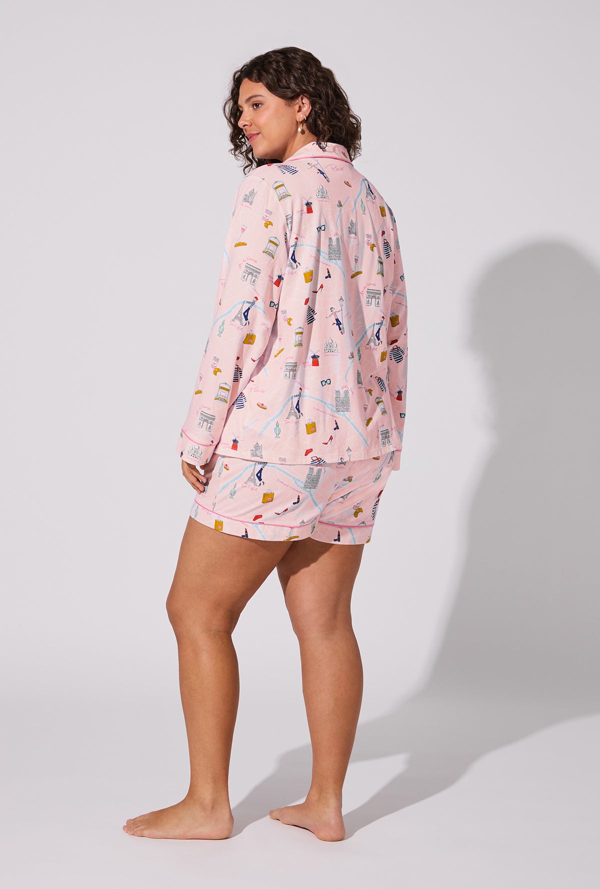 A lady wearing 48 Hrs In Paris Long Sleeve Classic Stretch Jersey Short PJ Set
