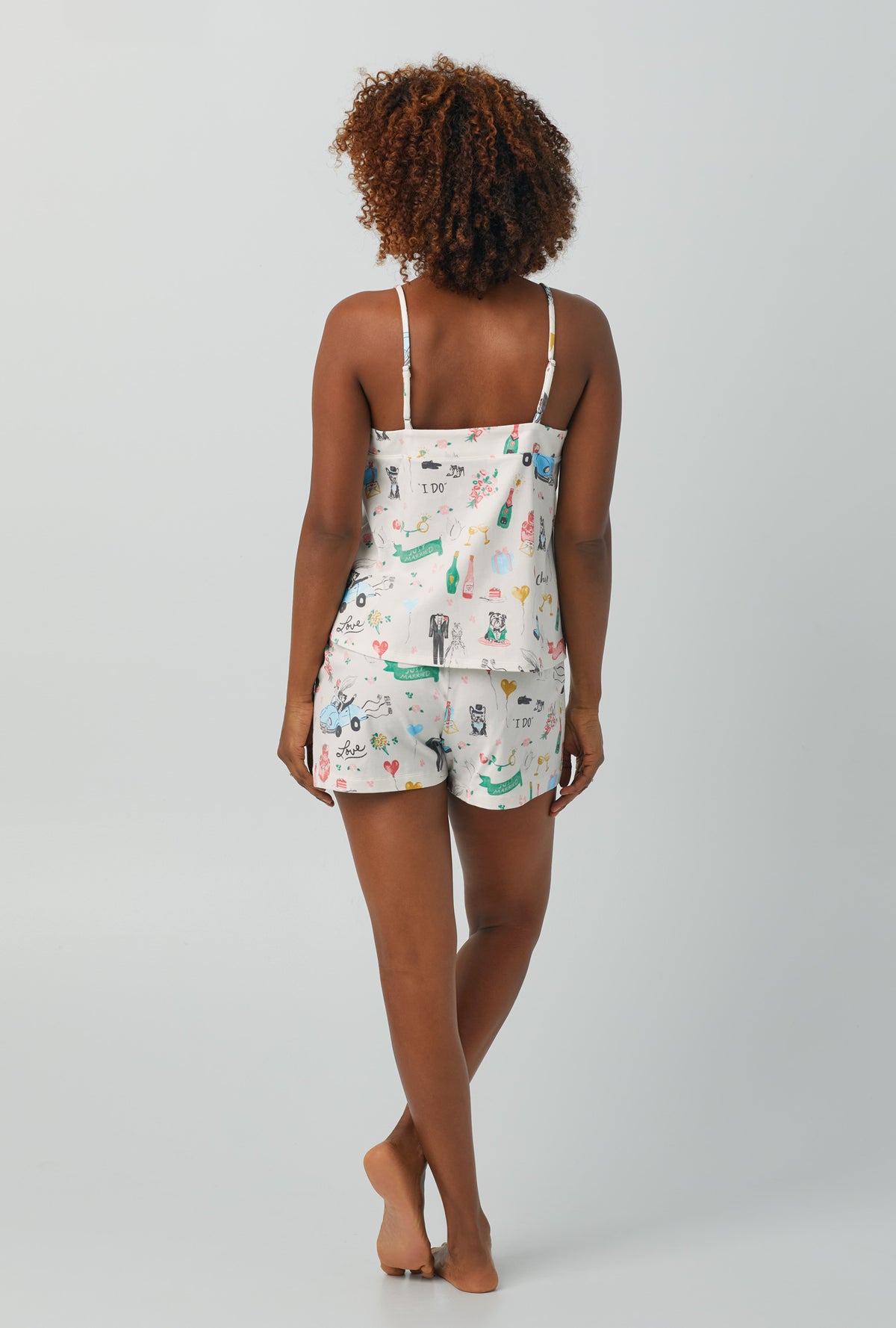 A lady wearing Cami Stretch Jersey Shorty PJ Set with just married print