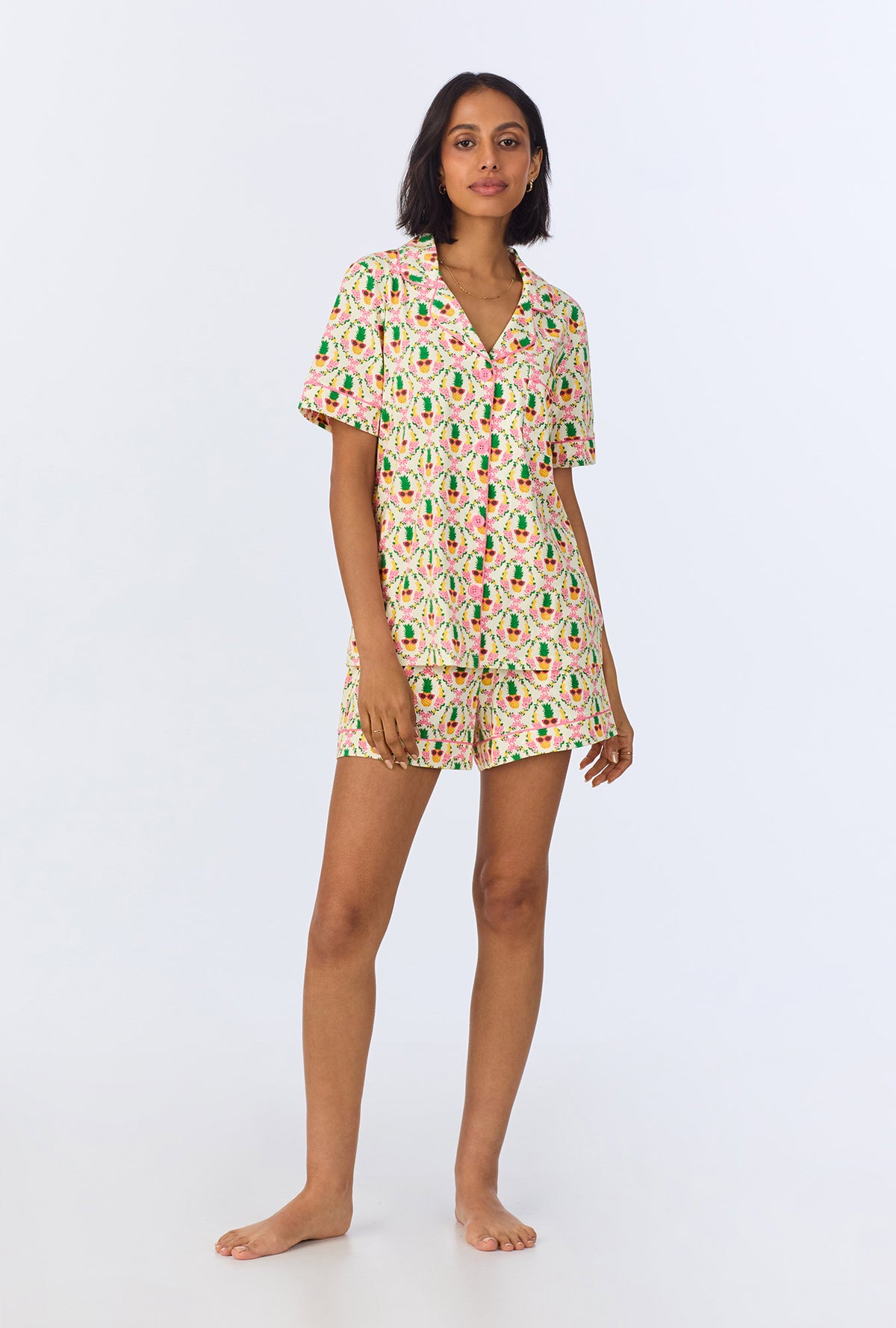 A lady wearing Pinacoolada Short Sleeve Classic Shorty Stretch Jersey PJ Set
