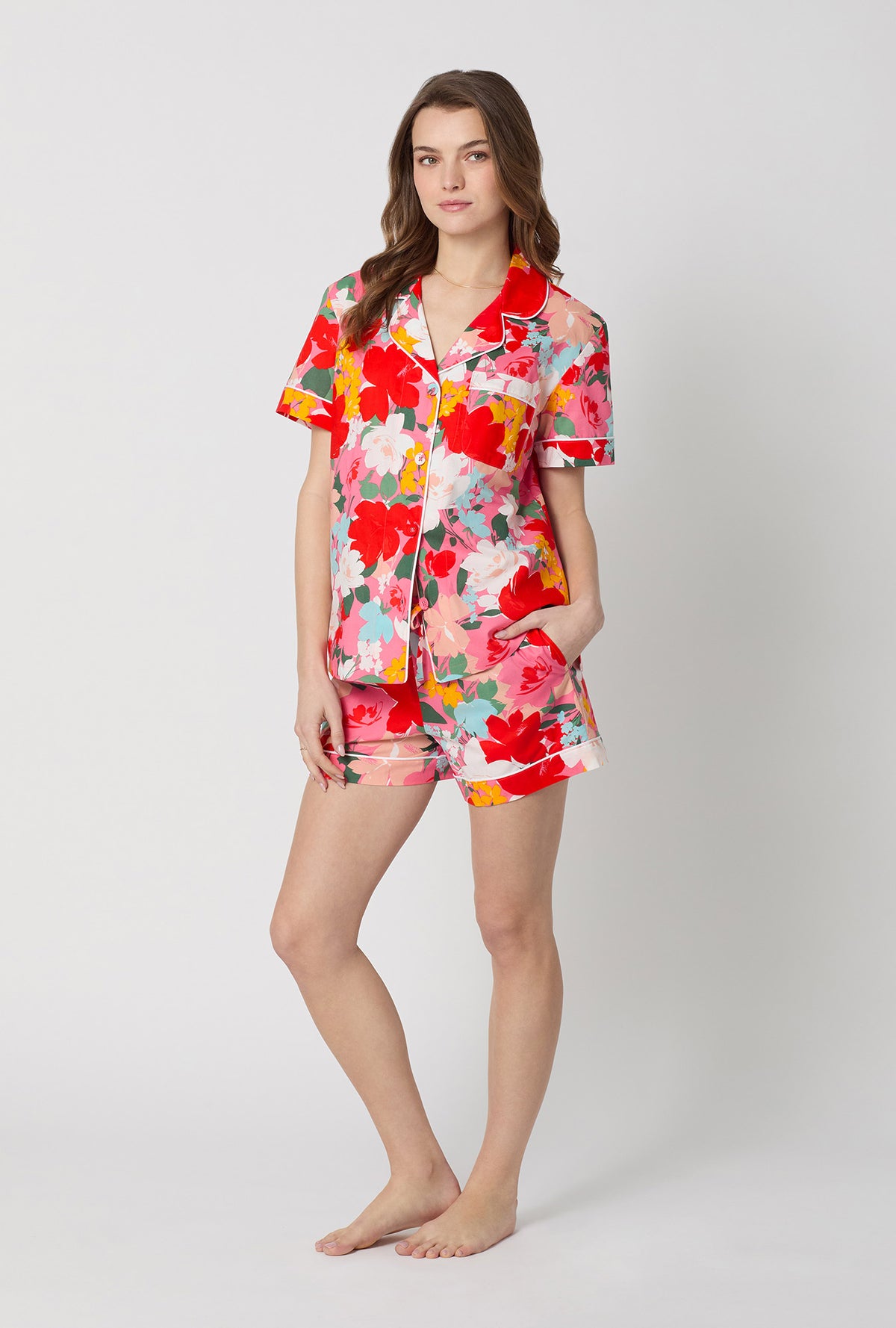 A lady wearing Cassandra Short Sleeve Classic Woven Cotton Poplin Shorty Pj Set