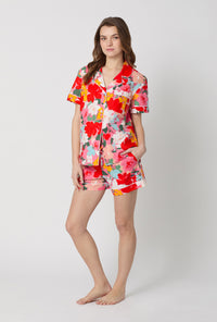 A lady wearing Cassandra Short Sleeve Classic Woven Cotton Poplin Shorty Pj Set