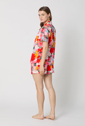 A lady wearing Cassandra Short Sleeve Classic Woven Cotton Poplin Shorty Pj Set