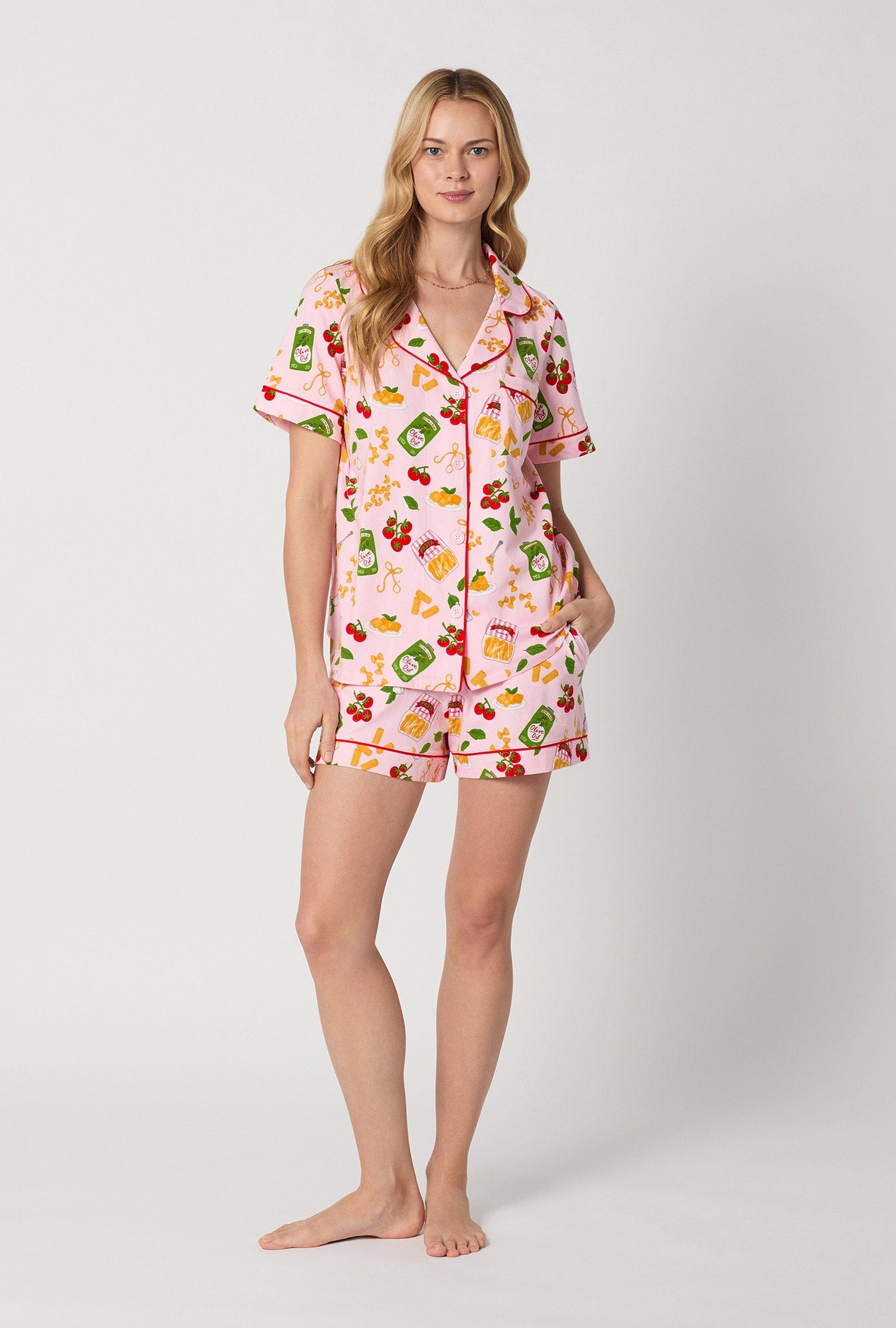 A lady wearing Pink Short Sleeve Classic Shorty Stretch Jersey Pj Set front view
