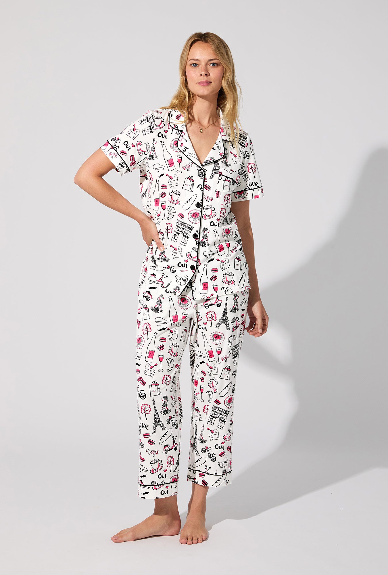 A lady wearing Bonjour Paris Short Sleeve Classic Stretch Jersey Cropped PJ Set