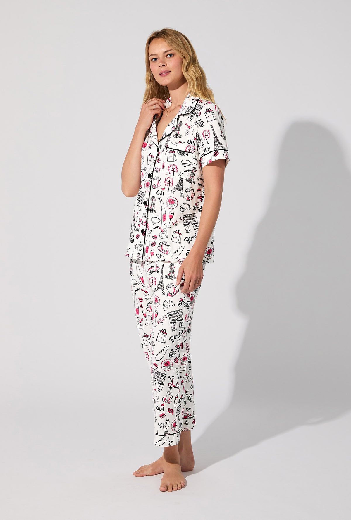 A lady wearing Bonjour Paris Short Sleeve Classic Stretch Jersey Cropped PJ Set