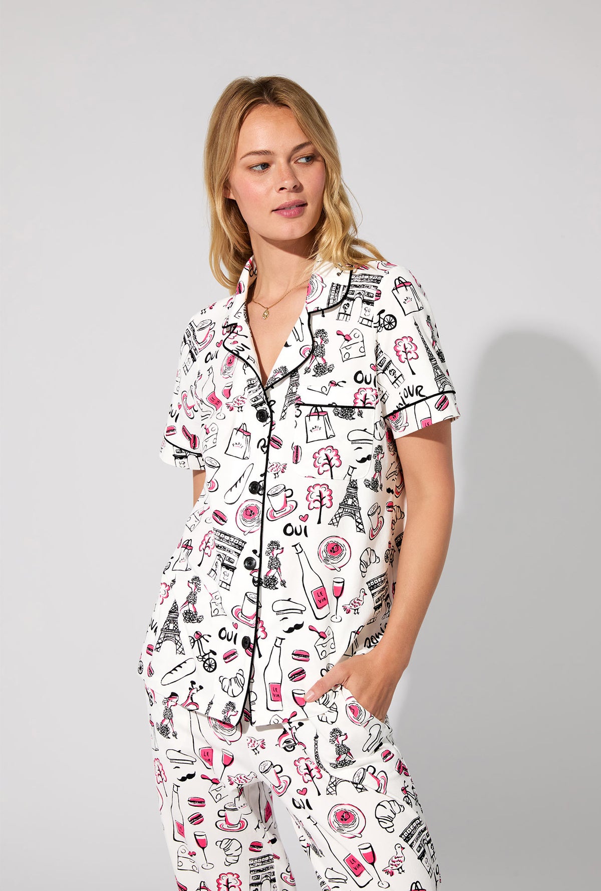 A lady wearing Bonjour Paris Short Sleeve Classic Stretch Jersey Cropped PJ Set