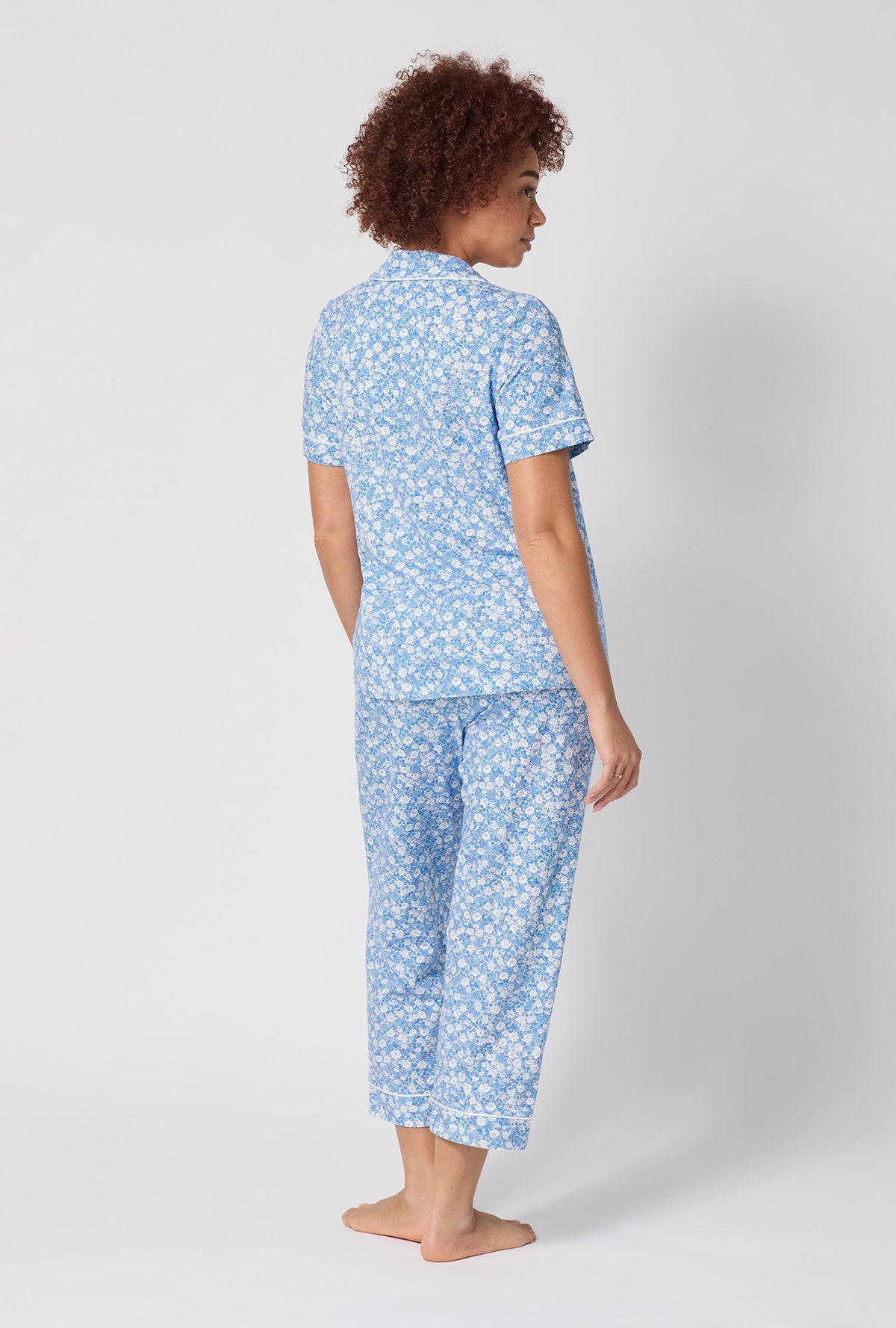 A lady wearing Something Blue Short Sleeve Classic Stretch Jersey Cropped Pj Set