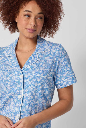 A lady wearing Something Blue Short Sleeve Classic Stretch Jersey Cropped Pj Set