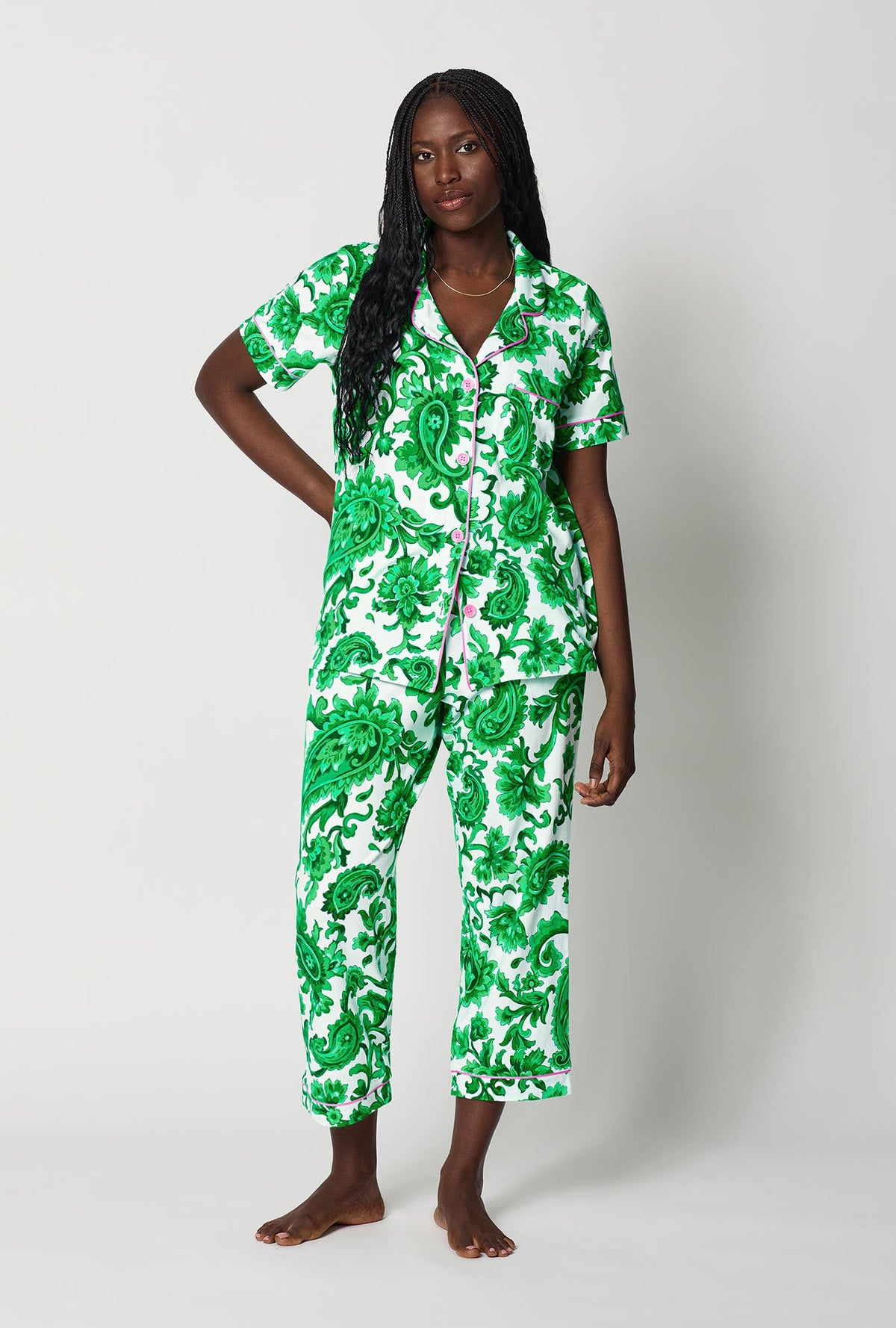 A lady wearing Green and  White Short Sleeve Classic Stretch Jersey Cropped Pj Set front view
