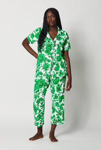 A lady wearing Green and  White Short Sleeve Classic Stretch Jersey Cropped Pj Set front view