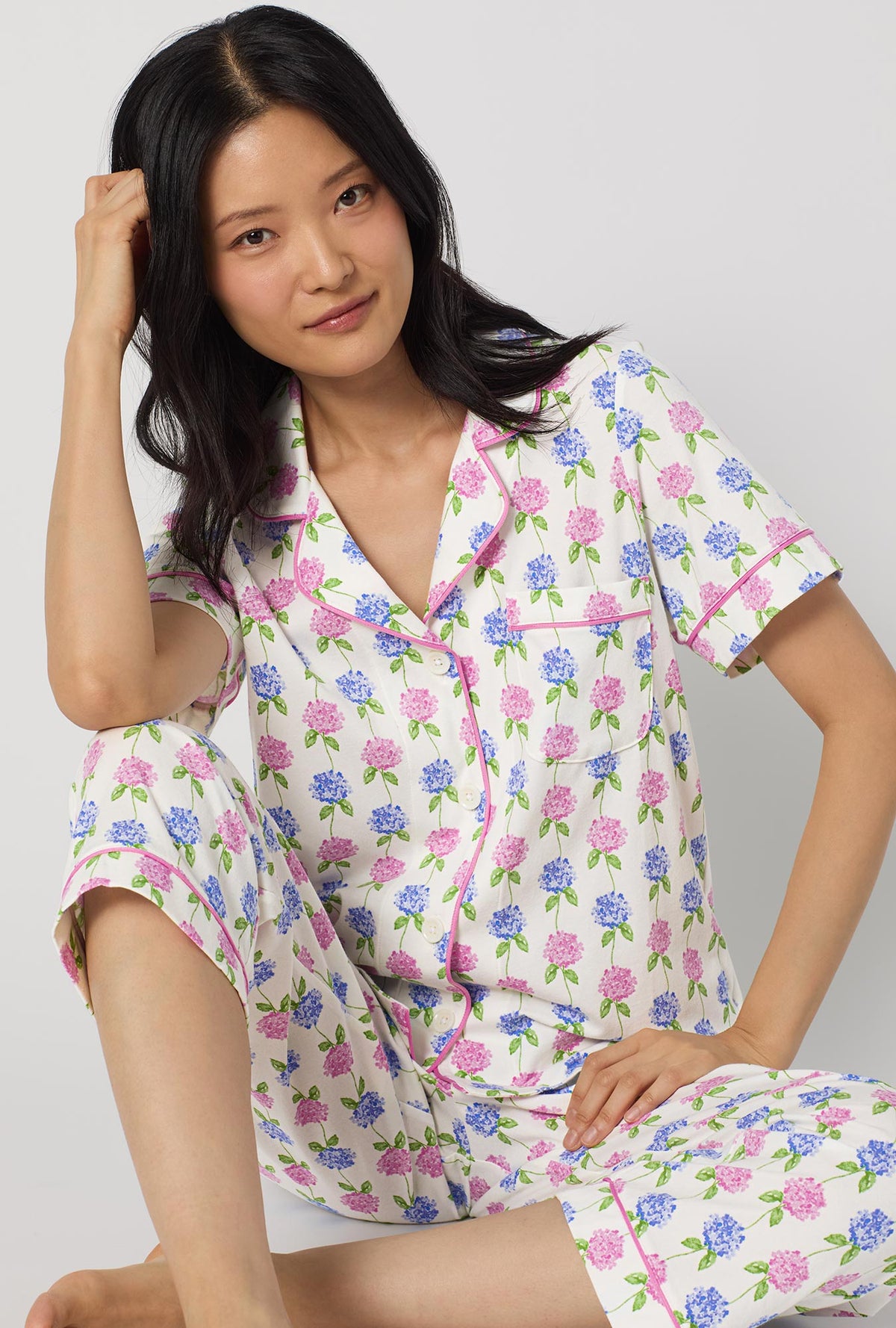 A lady wearing Cottage Parlor Short Sleeve Classic Stretch Jersey Cropped Pj Set closer look