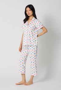 A lady wearing Cottage Parlor Short Sleeve Classic Stretch Jersey Cropped Pj Set looking front