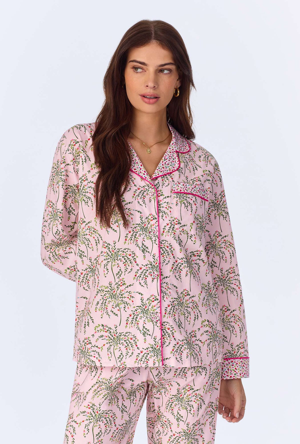 A lady wearing Willow Long Sleeve Classic Woven Cotton Poplin PJ Set