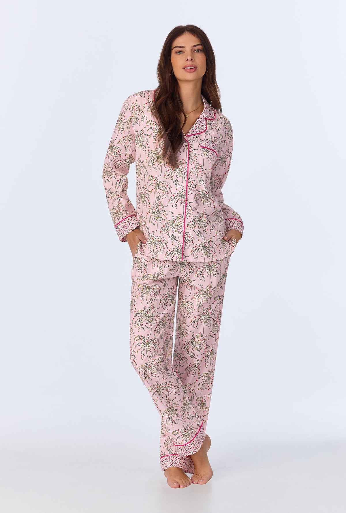 A lady wearing Willow Long Sleeve Classic Woven Cotton Poplin PJ Set