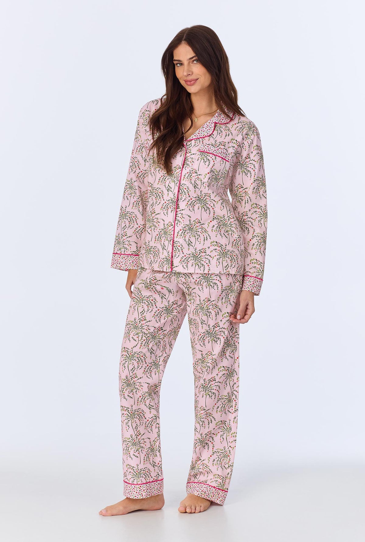 A lady wearing Willow Long Sleeve Classic Woven Cotton Poplin PJ Set