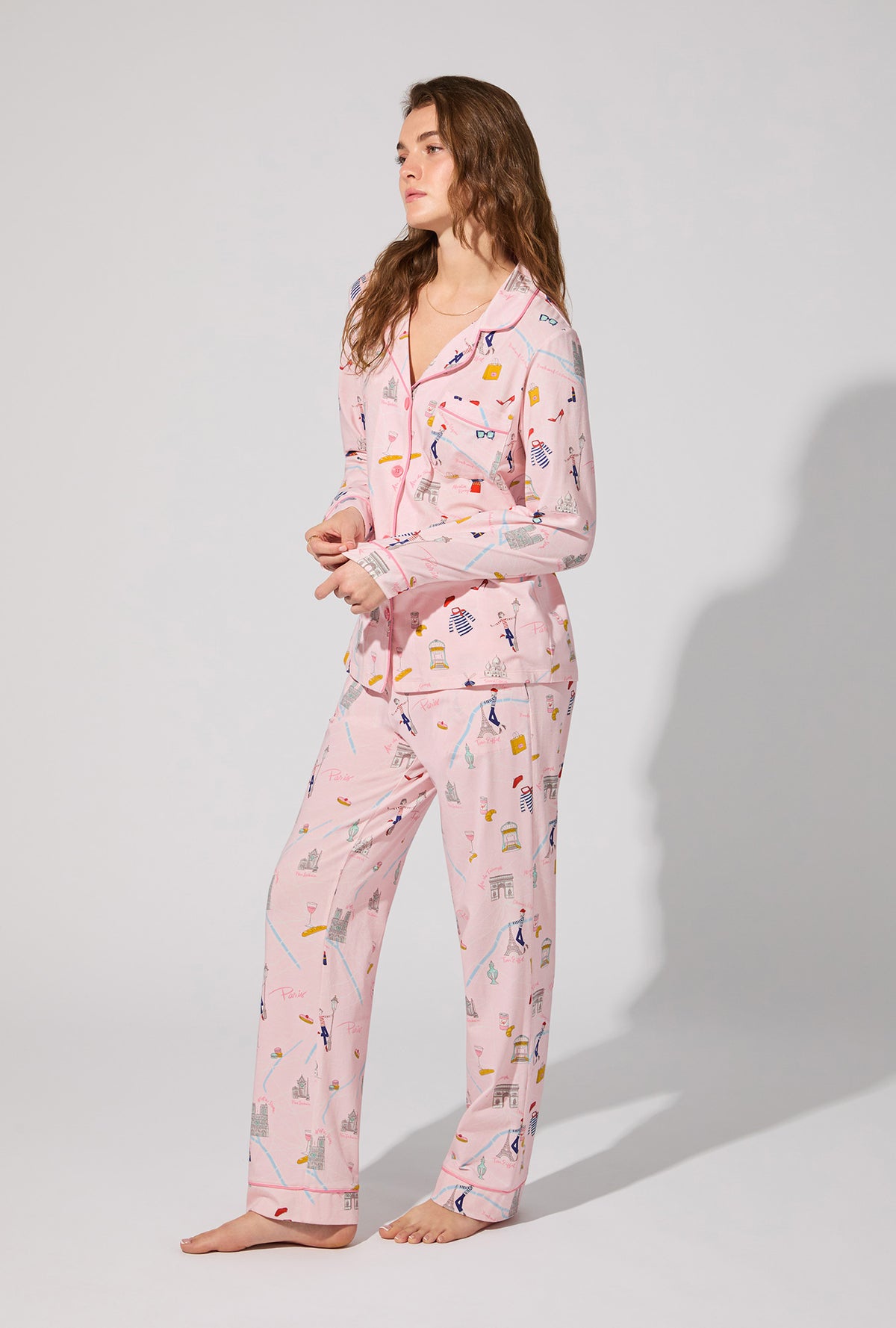 A lady wearing 48 Hrs In Paris Long Sleeve Classic Stretch Jersey PJ Set