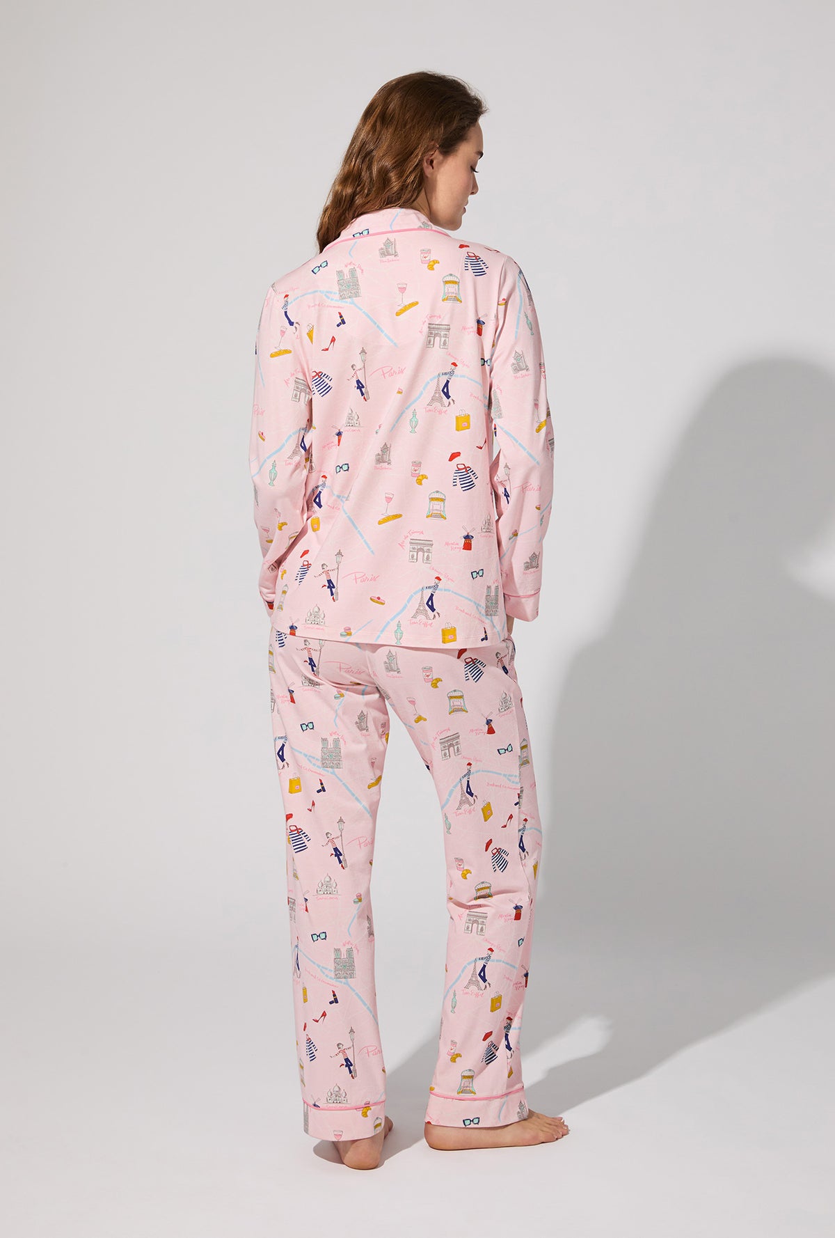 A lady wearing 48 Hrs In Paris Long Sleeve Classic Stretch Jersey PJ Set