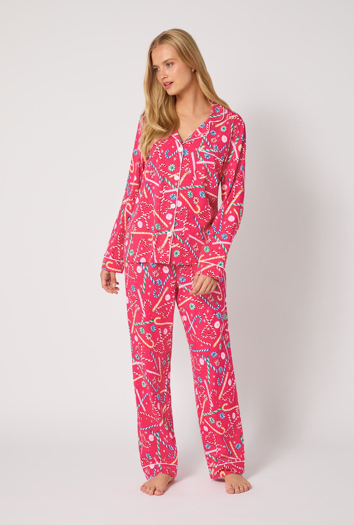 A lady wearing Peppermint Twist Long Sleeve Classic Stretch Jersey Pj Set