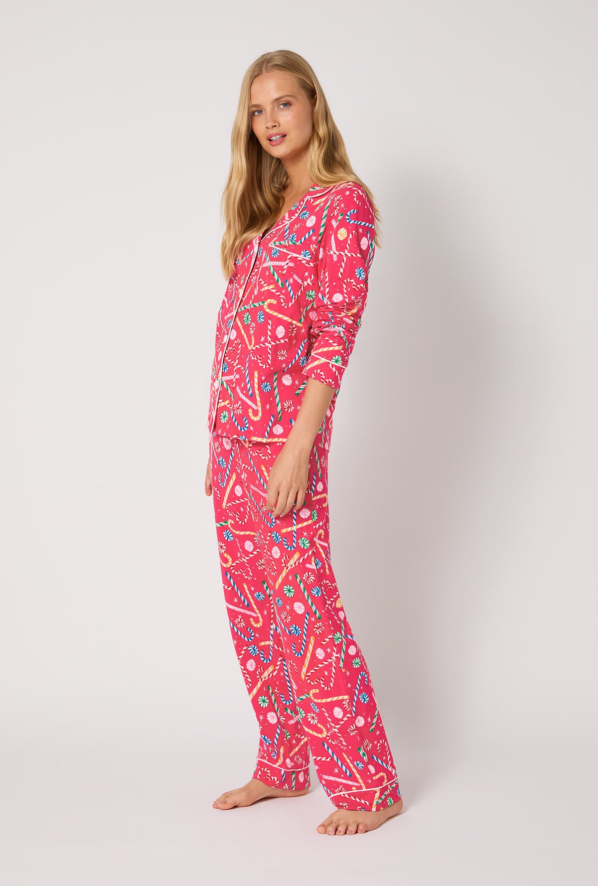 A lady wearing Peppermint Twist Long Sleeve Classic Stretch Jersey Pj Set