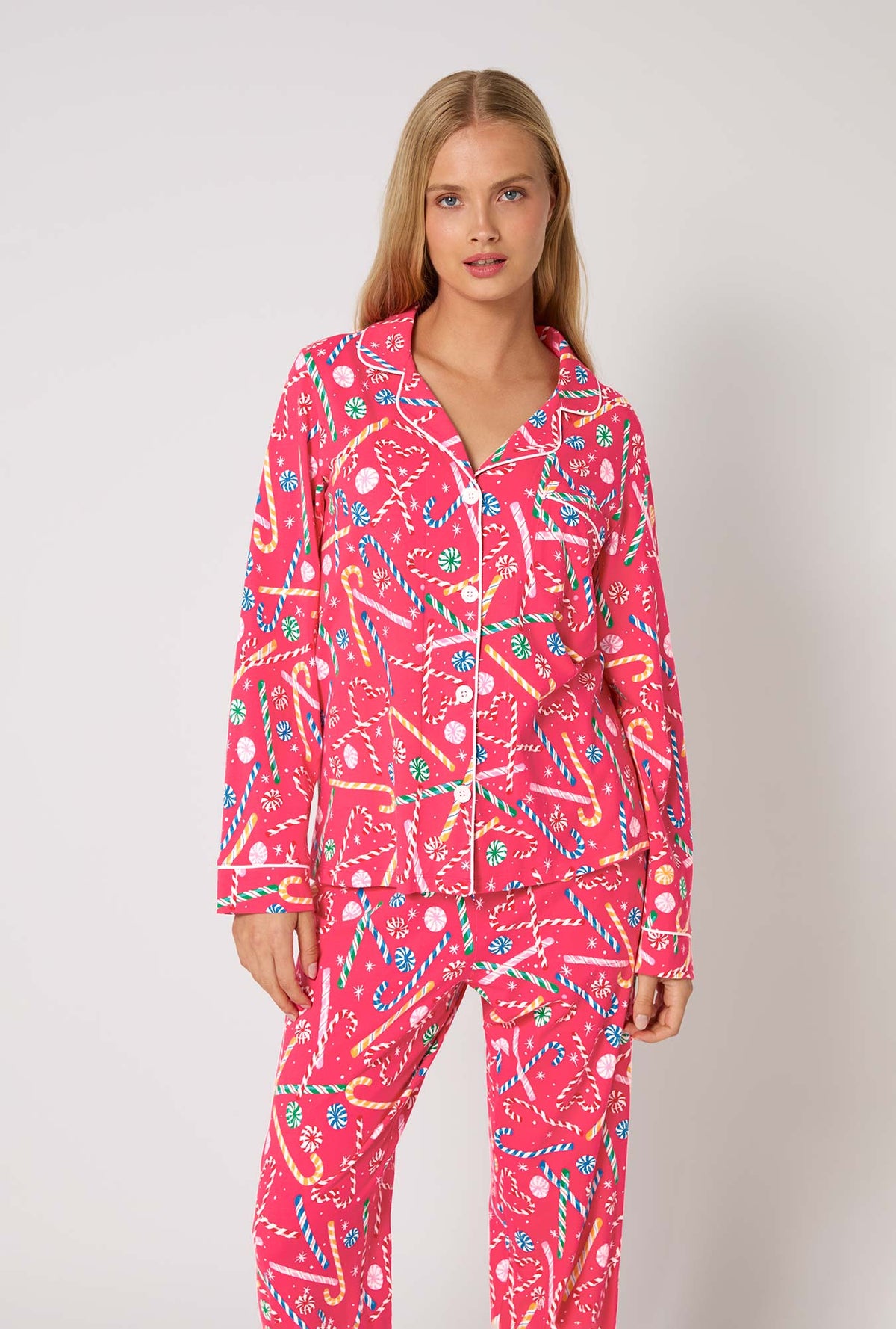 A lady wearing Peppermint Twist Long Sleeve Classic Stretch Jersey Pj Set