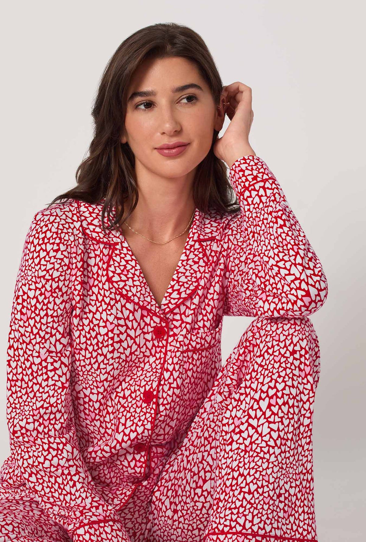 A lady wearing Bursting With Love Long Sleeve Classic Stretch Jersey Pj Set