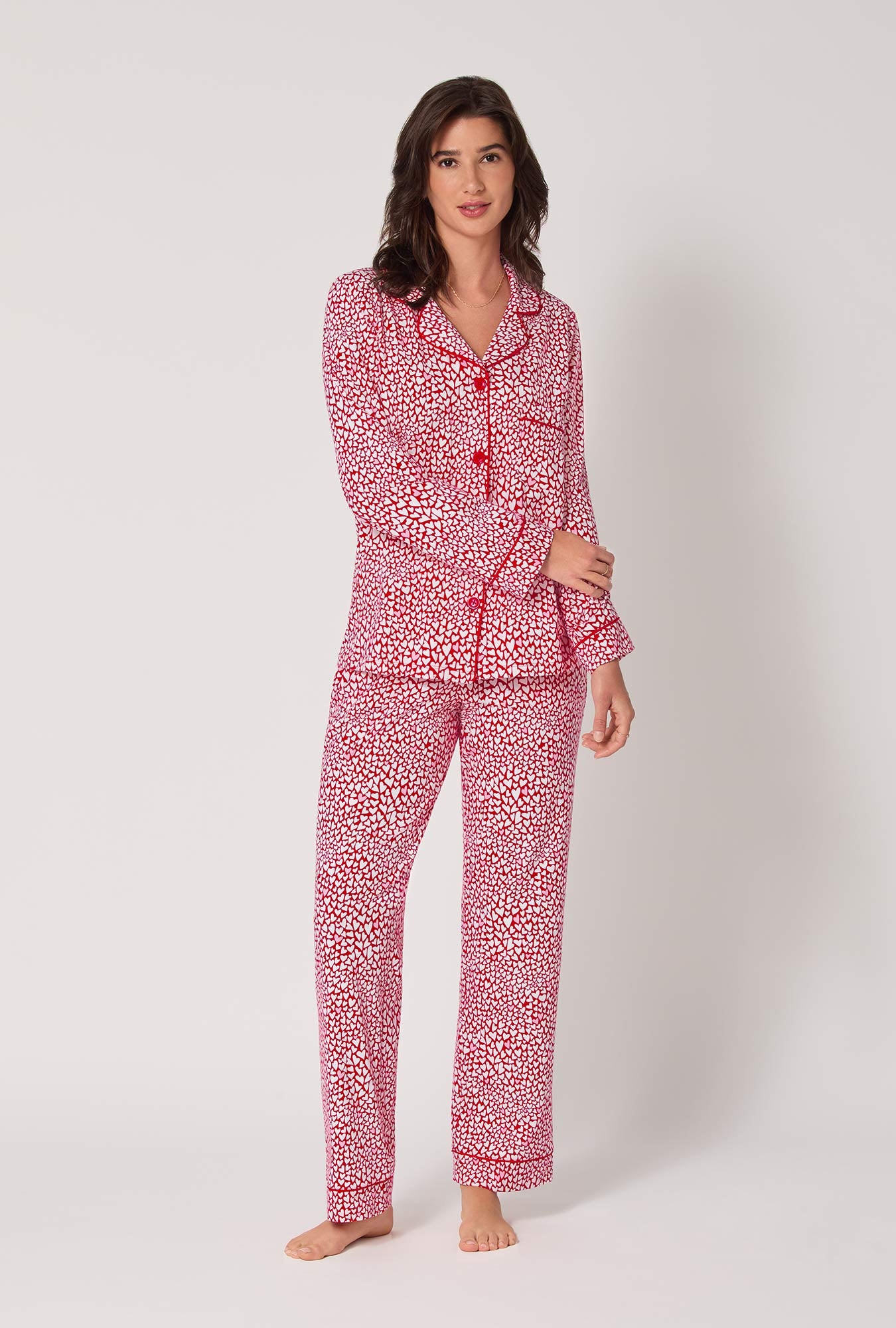 A lady wearing Bursting With Love Long Sleeve Classic Stretch Jersey Pj Set