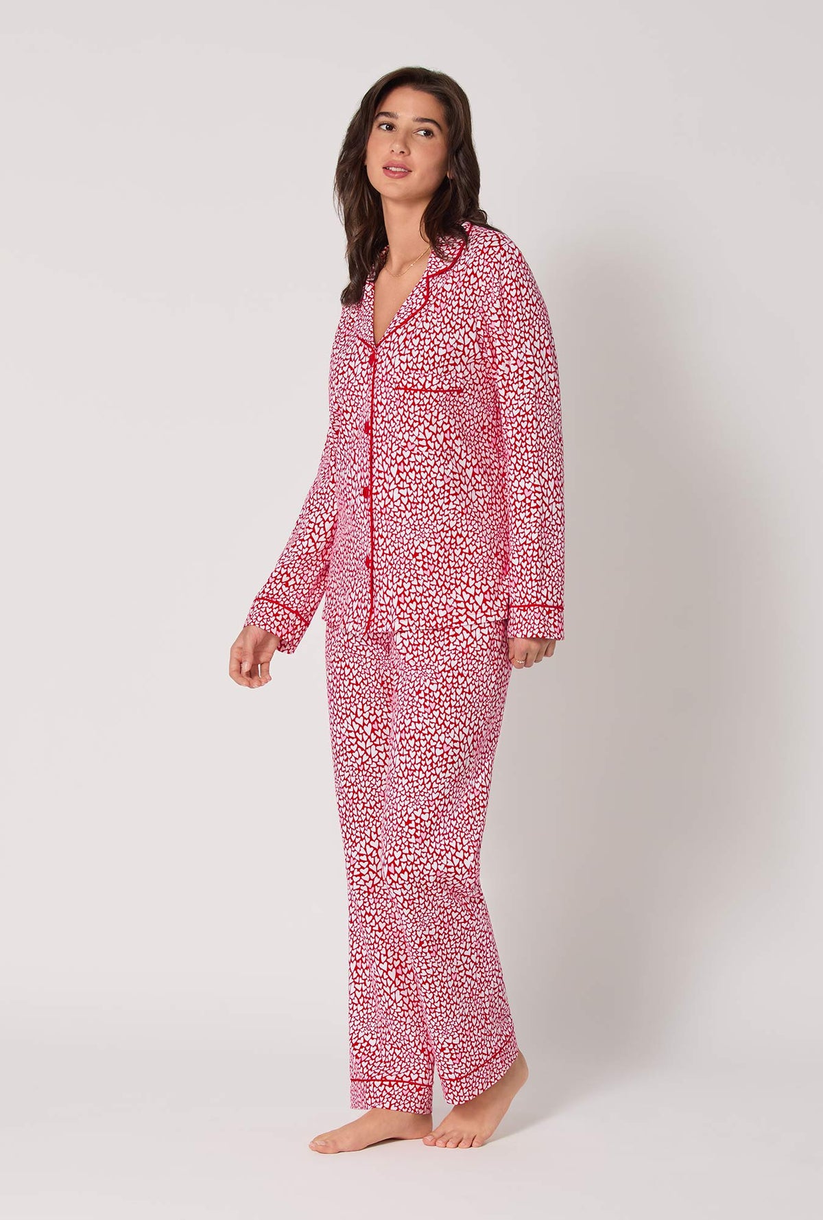 A lady wearing Bursting With Love Long Sleeve Classic Stretch Jersey Pj Set