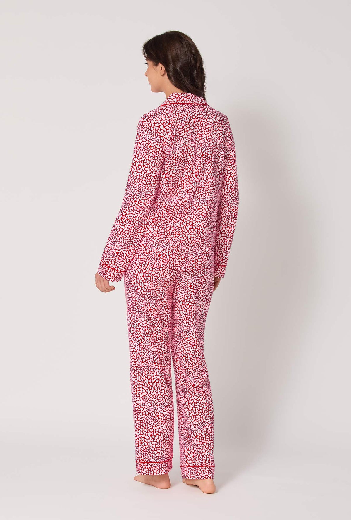 A lady wearing Bursting With Love Long Sleeve Classic Stretch Jersey Pj Set