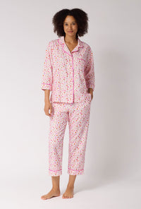 A lady wearing Blushwood 3/4 Sleeve Classic Woven Portuguese Flannel Cropped Pj Set