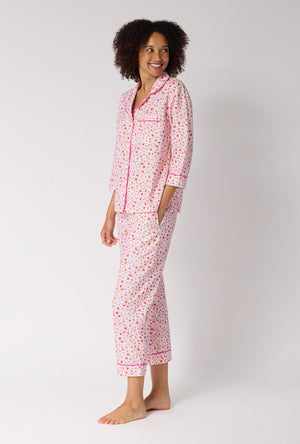 A lady wearing Blushwood 3/4 Sleeve Classic Woven Portuguese Flannel Cropped Pj Set looking side