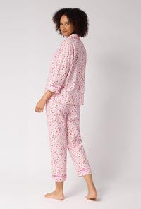 A lady wearing Blushwood 3/4 Sleeve Classic Woven Portuguese Flannel Cropped Pj Set back view