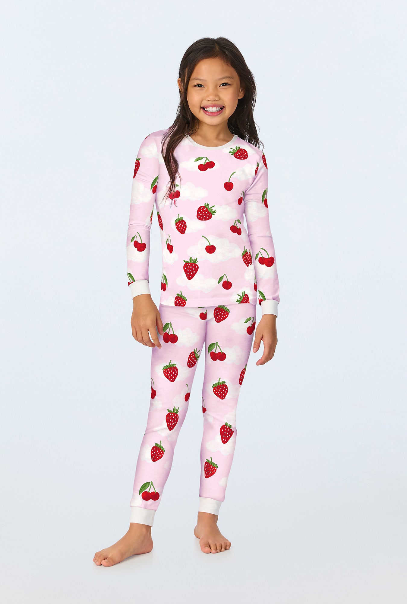 A girl wearing Berry Souffle Long Sleeve Stretch Jersey Kids PJ Set