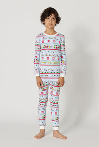 A boy wearing Peanuts® Winter Parade Long Sleeve Stretch Jersey Kids Pj Set