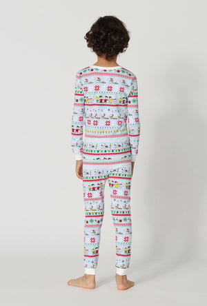 A boy wearing Peanuts® Winter Parade Long Sleeve Stretch Jersey Kids Pj Set back view