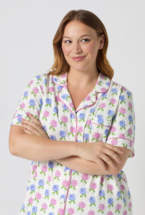 A lady wearing plus size Cottage Parlor Short Sleeve Classic Stretch Jersey Cropped Pj Set closer look