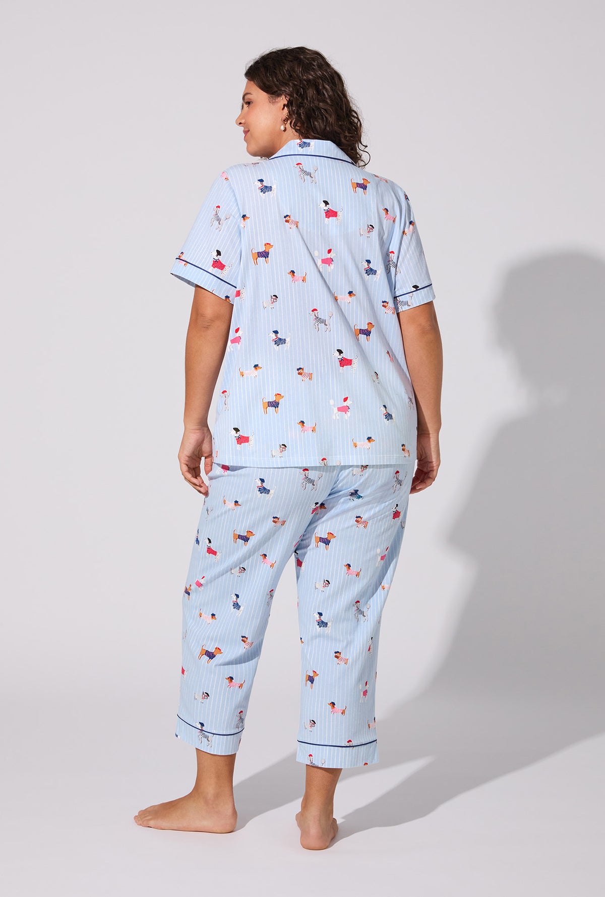 A lady wearing French Pups Short Sleeve Classic Stretch Jersey Cropped PJ Set
